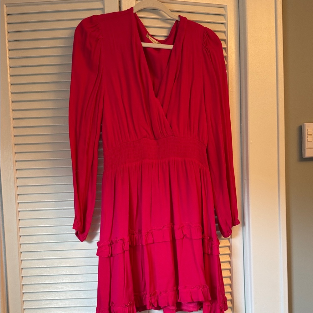 Elegant Red Wrap Sundress with V-Neck and Bishop Sleeves